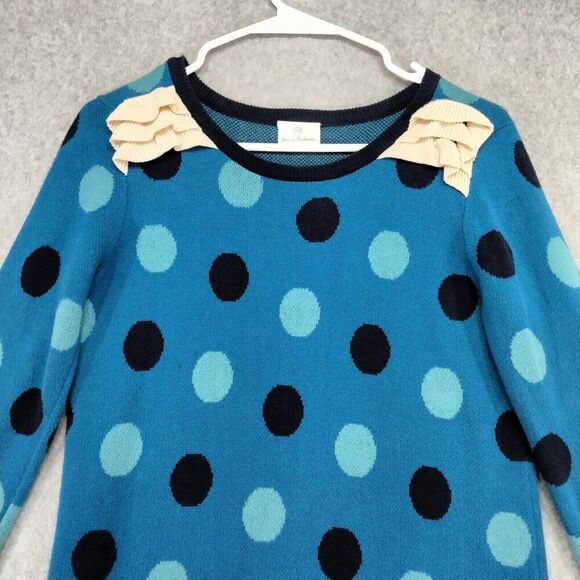 hanna andersson Sweater Dress Girls Size 12 150 Blue Polka Dot Lace Trim Ruffle - Picture 2 of 12
